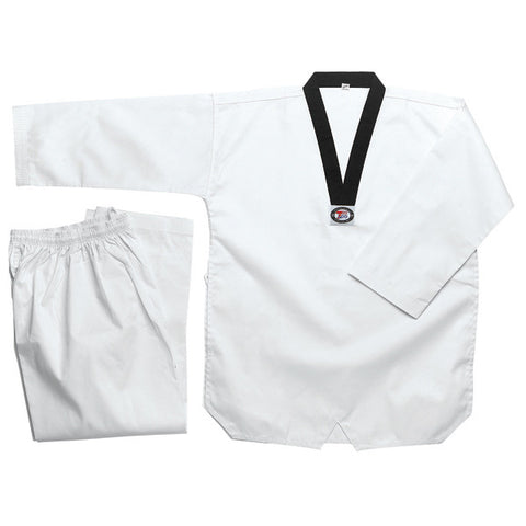 Tae Kwon Do uniform, Bleached White with Black-V Neck, 8oz - Valley Martial Arts Supply