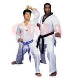 Tae Kwon Do uniform, Bleached White with Black-V Neck, 8oz - Valley Martial Arts Supply